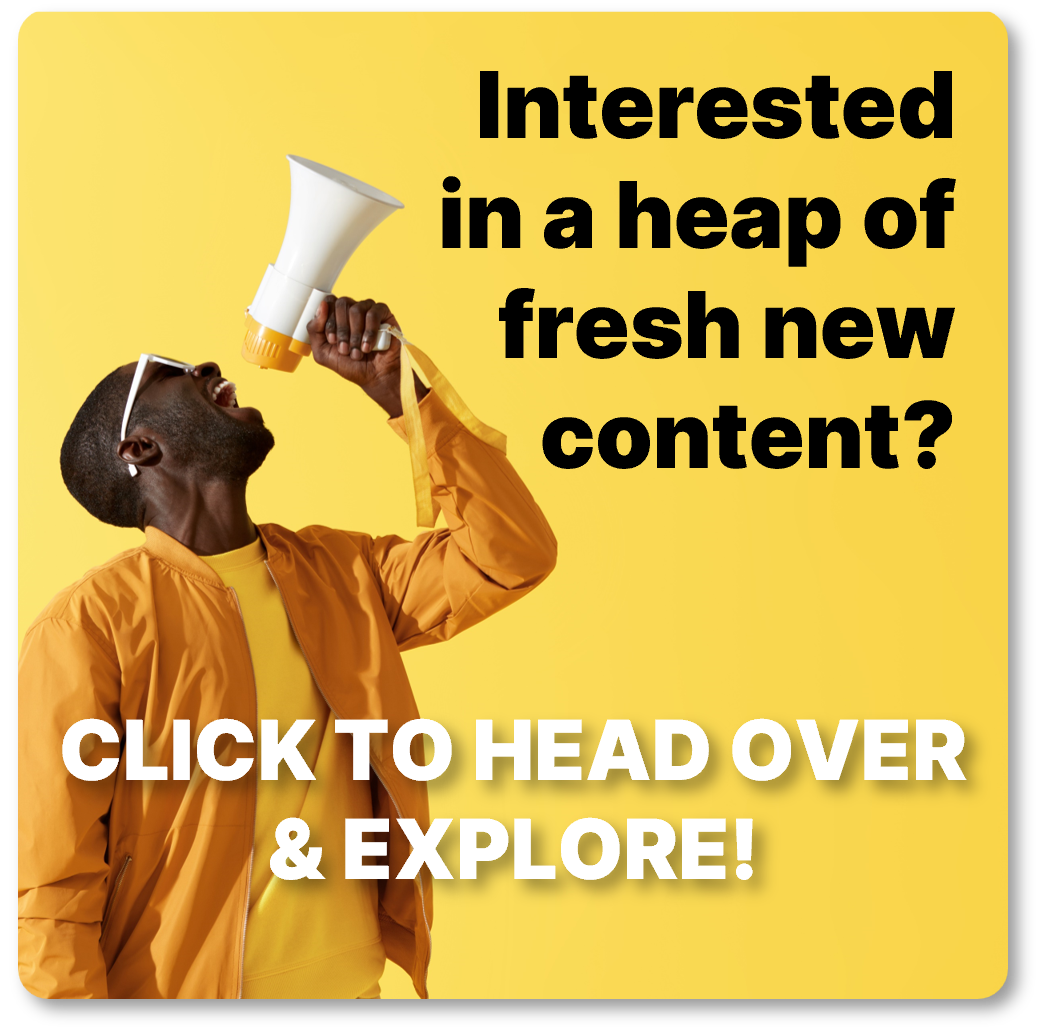 Man announcing through a megaphone: Interested in a heap of fresh new content? Click to head over and explore!